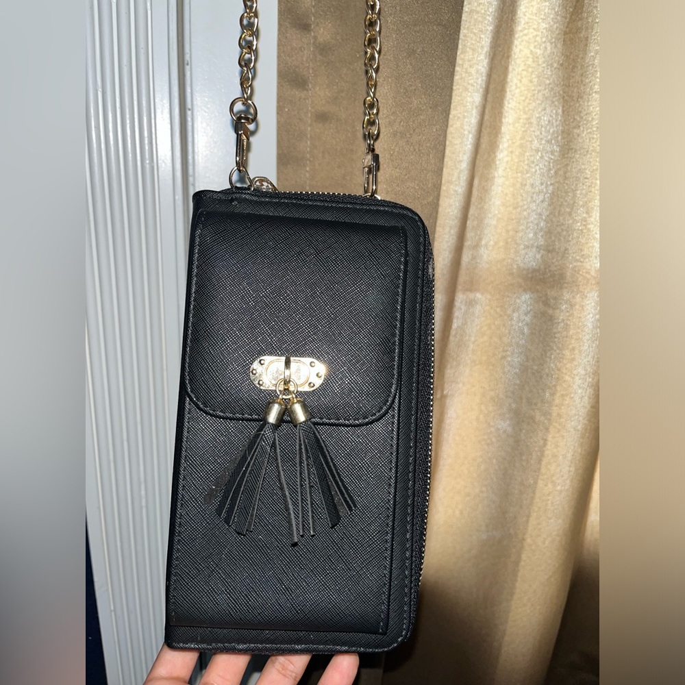 Black Long Leather Chained Wallet and Phone Compartment